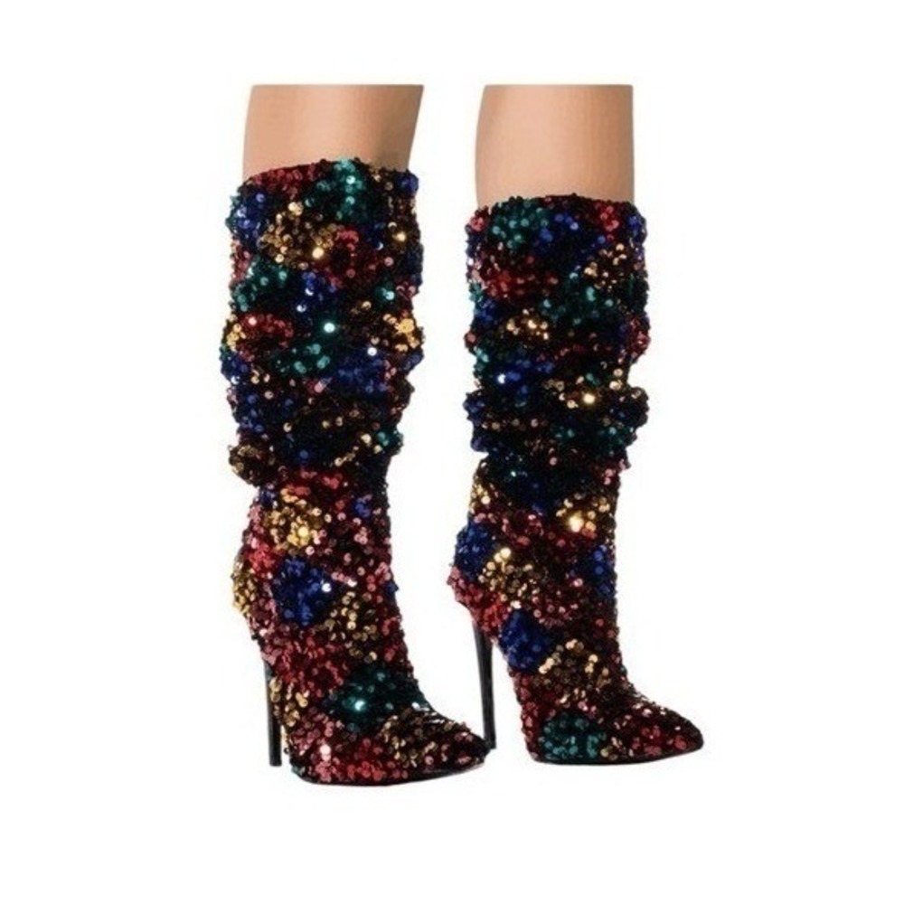 Azalea Wang Jimena Heeled Boots Rainbow Multi Sequin Embellished Stiletto 7.5 - Picture 3 of 8